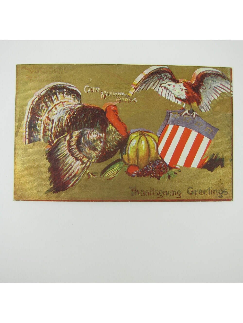 Thanksgiving Postcard Wild Turkey Eagle Fruit Gold Embossed Germany Antique 1909